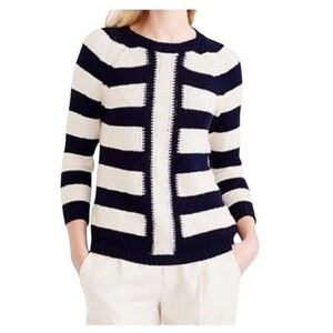 J Crew Navy Blue Cream Striped Knit Sweater Nautical Coastal Linen Blend L